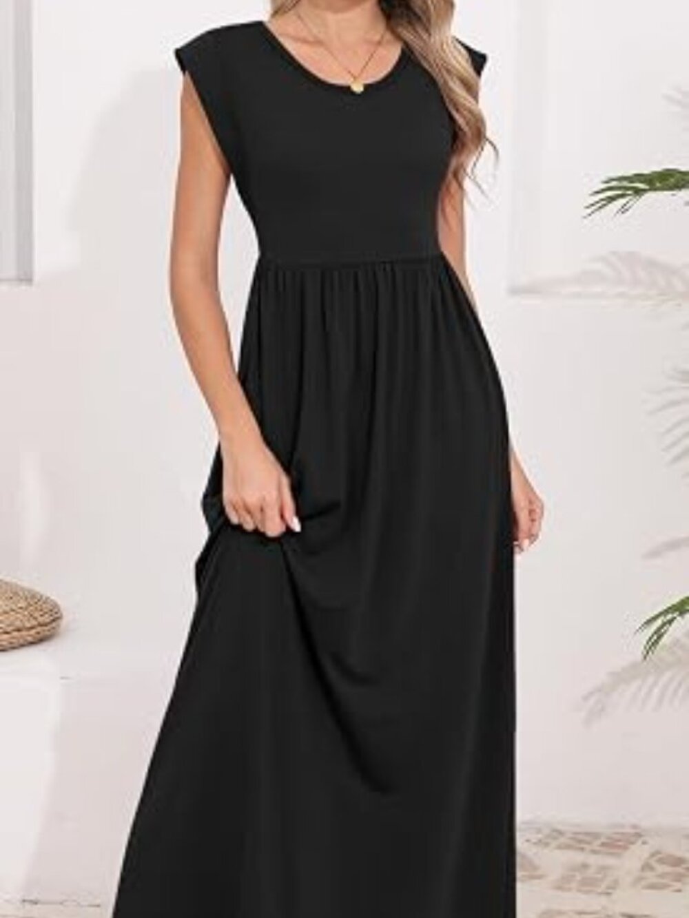 Womens 2026 Maxi Dresses Empire Waist Long Summer Dress Casual Cap Short Sleeve